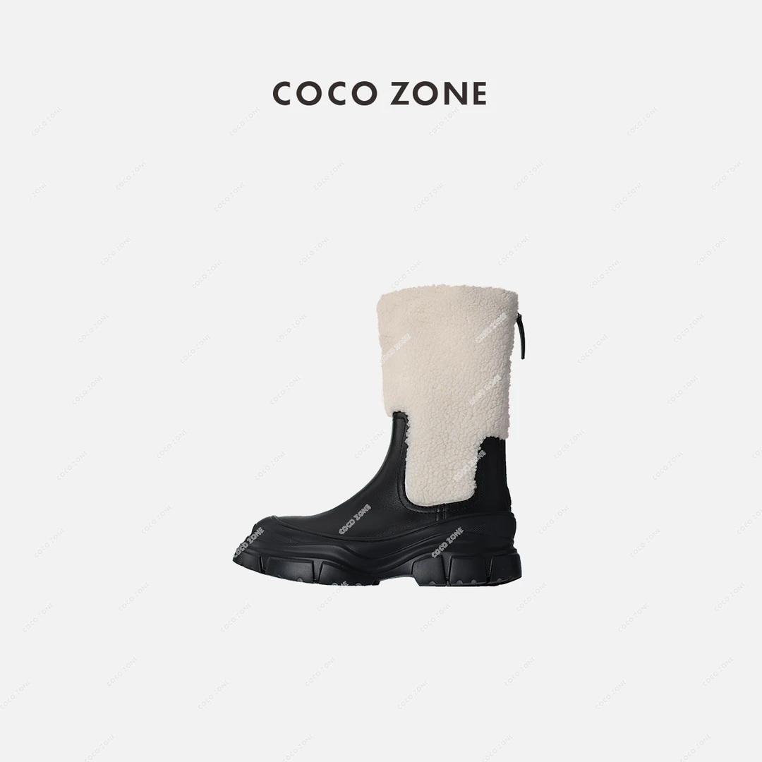 COCO ZONE 刘一一 冬季撞色加绒雪地靴后拉链保暖毛毛靴23C30515