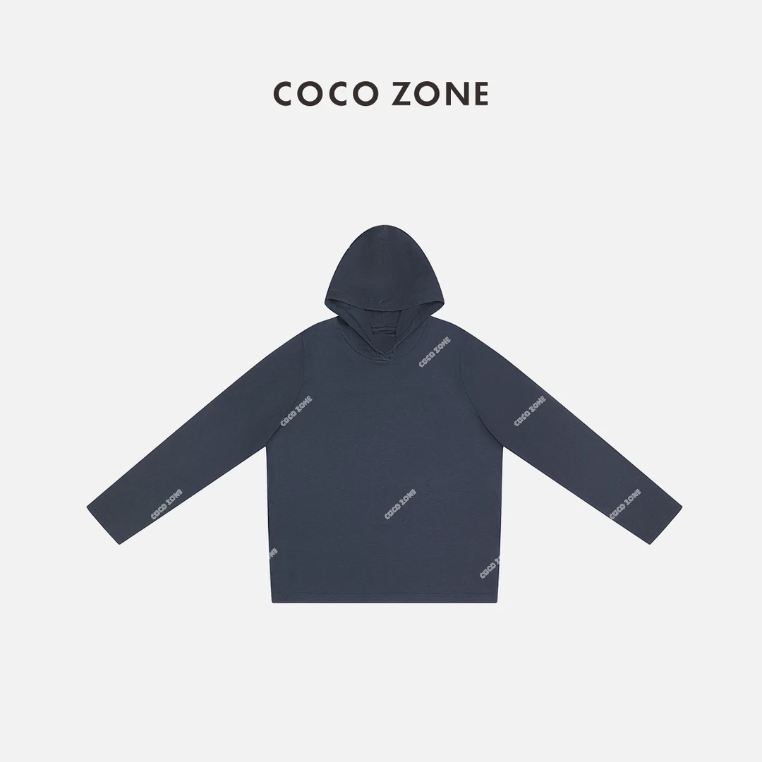 COCO ZONE 刘一一高级感纯色丝光双面连帽休闲长袖T恤24C10202