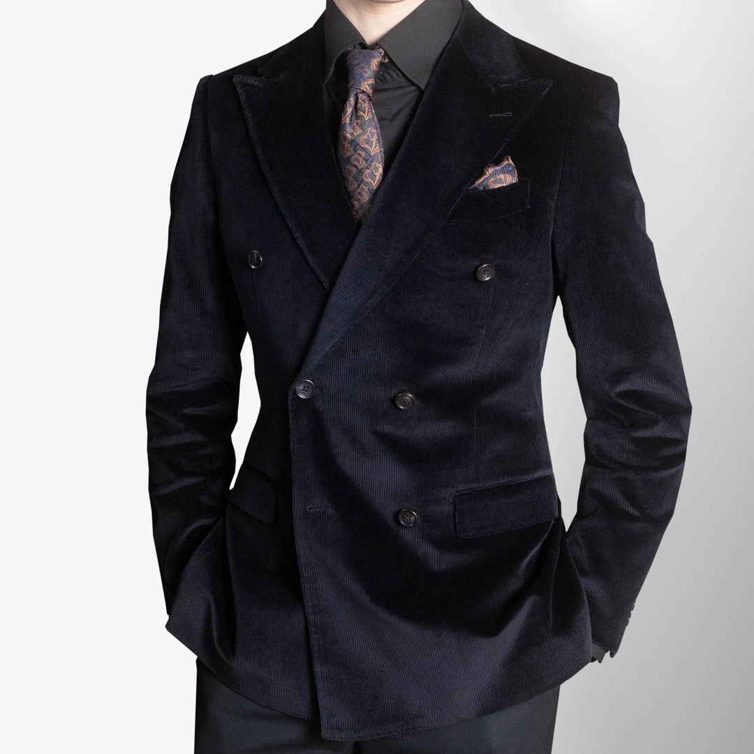 【高定工艺】秋冬藏青色双排扣灯芯绒修身西服男士休闲单西装外套