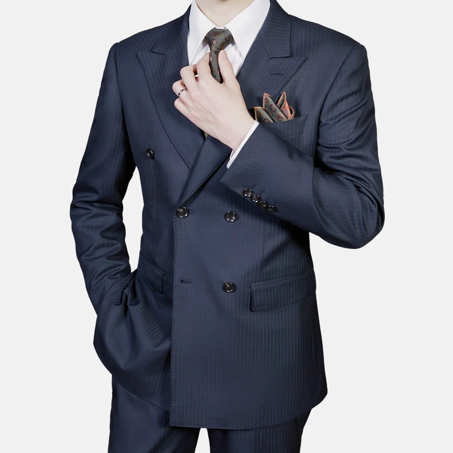【全羊毛高定套装】2025新款藏青条纹男士双排扣西装套装修身西服