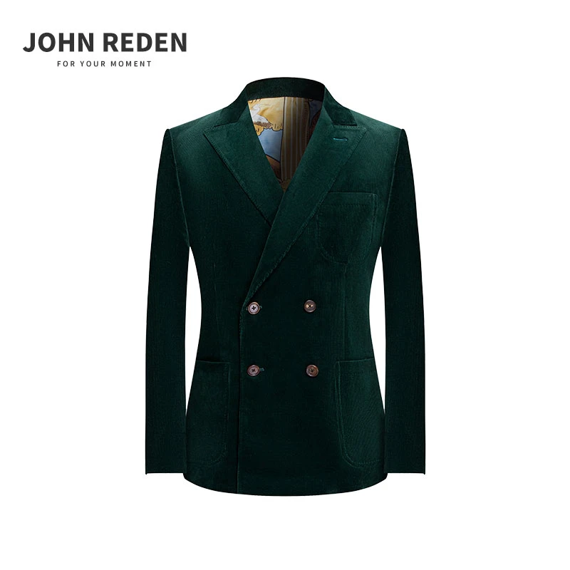 【主题印花里衬】秋冬绿色双排扣灯芯绒修身西服男士休闲单西装外套