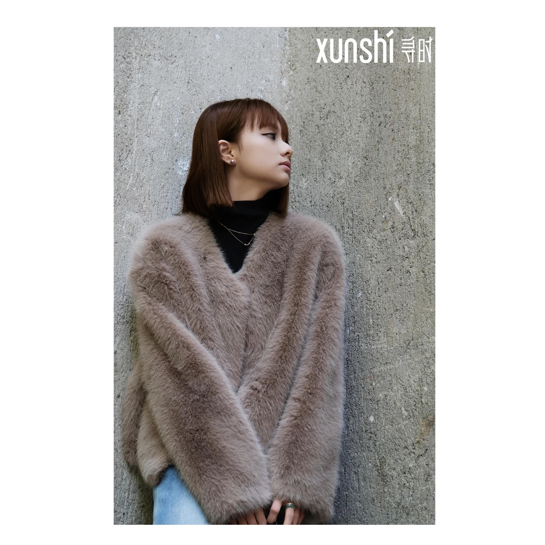 寻时【美式冰咖】V领环葆皮毛一体短款毛毛外套