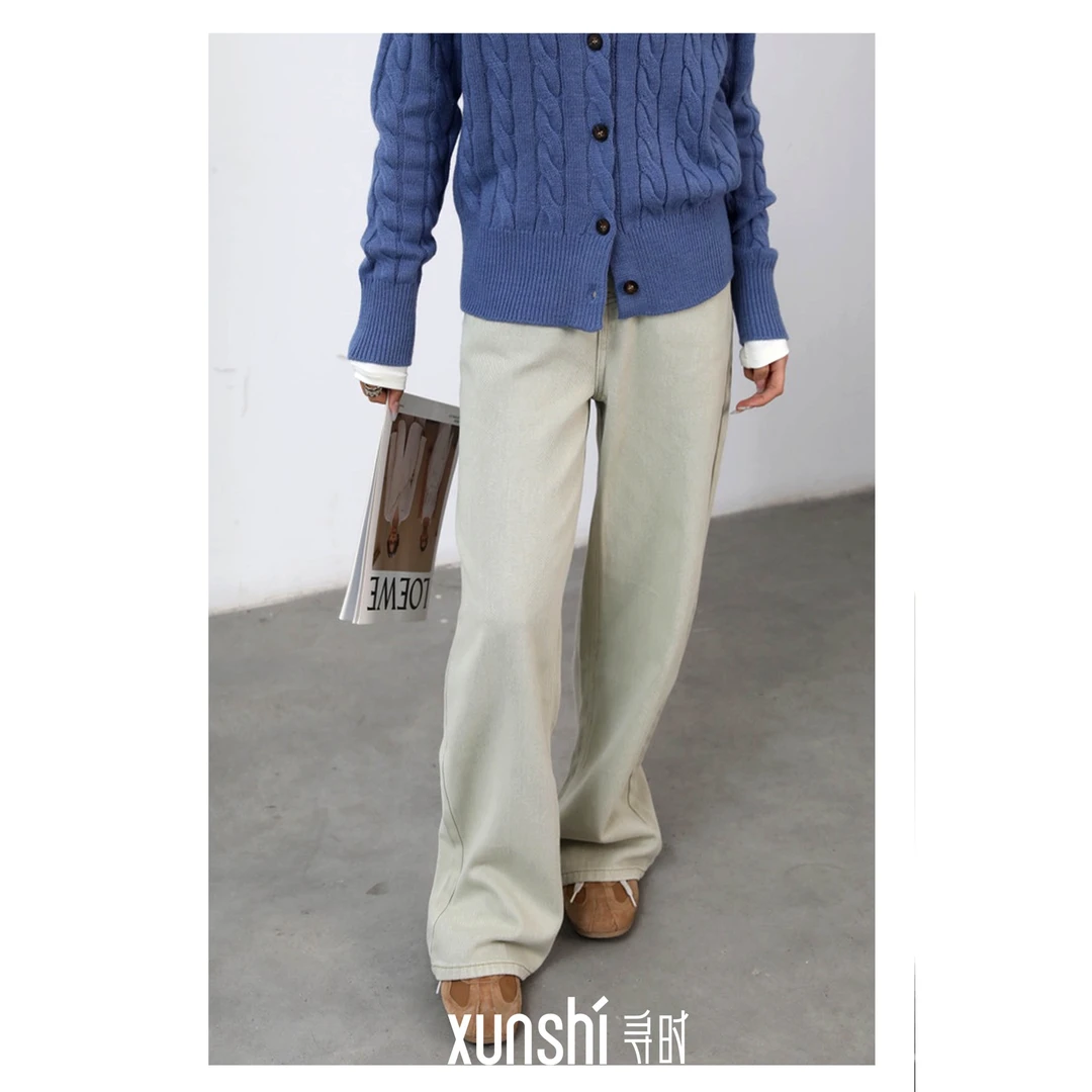 寻时【砂砾】高腰休闲直筒阔腿牛仔裤拖