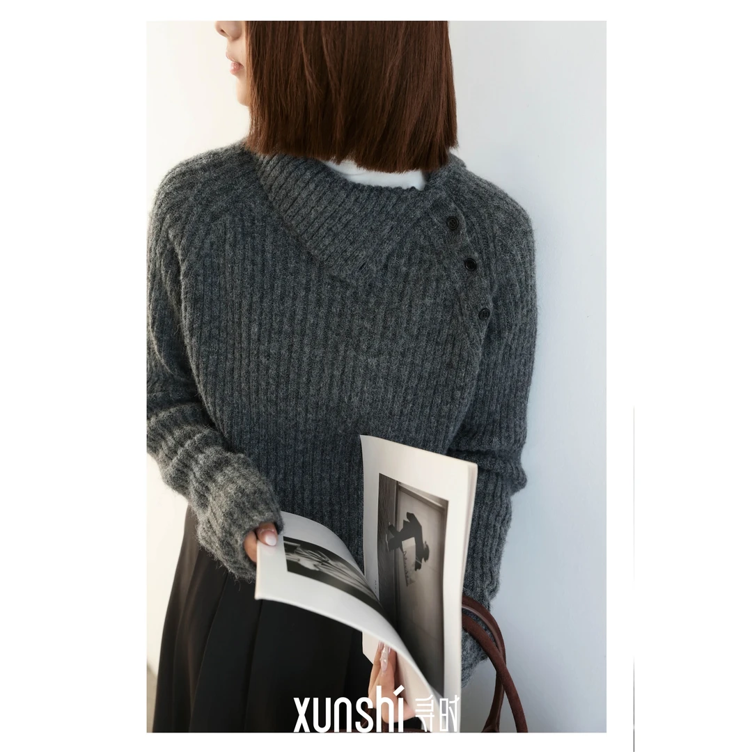 寻时【周末美术馆】斜开领设计师款羊毛针织套头毛衣