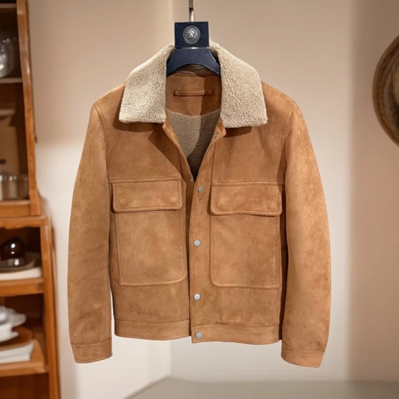 男士外套冬装潮牌翻领仿麂皮绒上衣加绒加毛领加厚休闲夹克男款