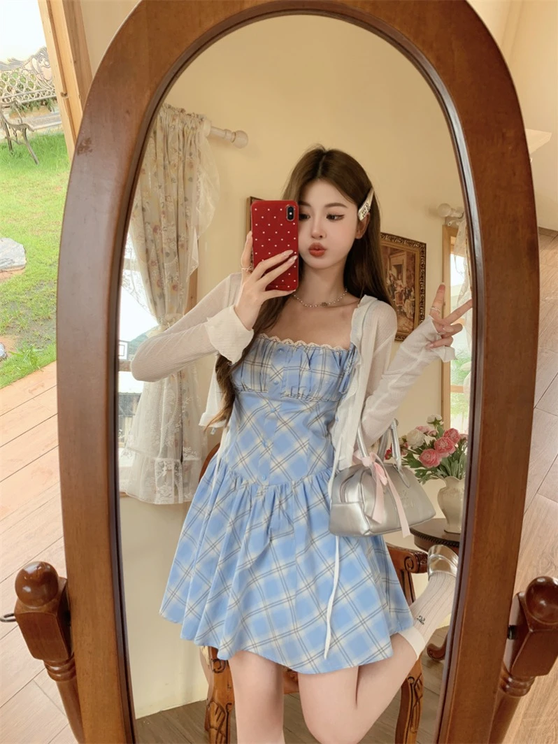 大码新款遮肉显瘦甜酷风蓝色格纹甜美吊带短裙套装