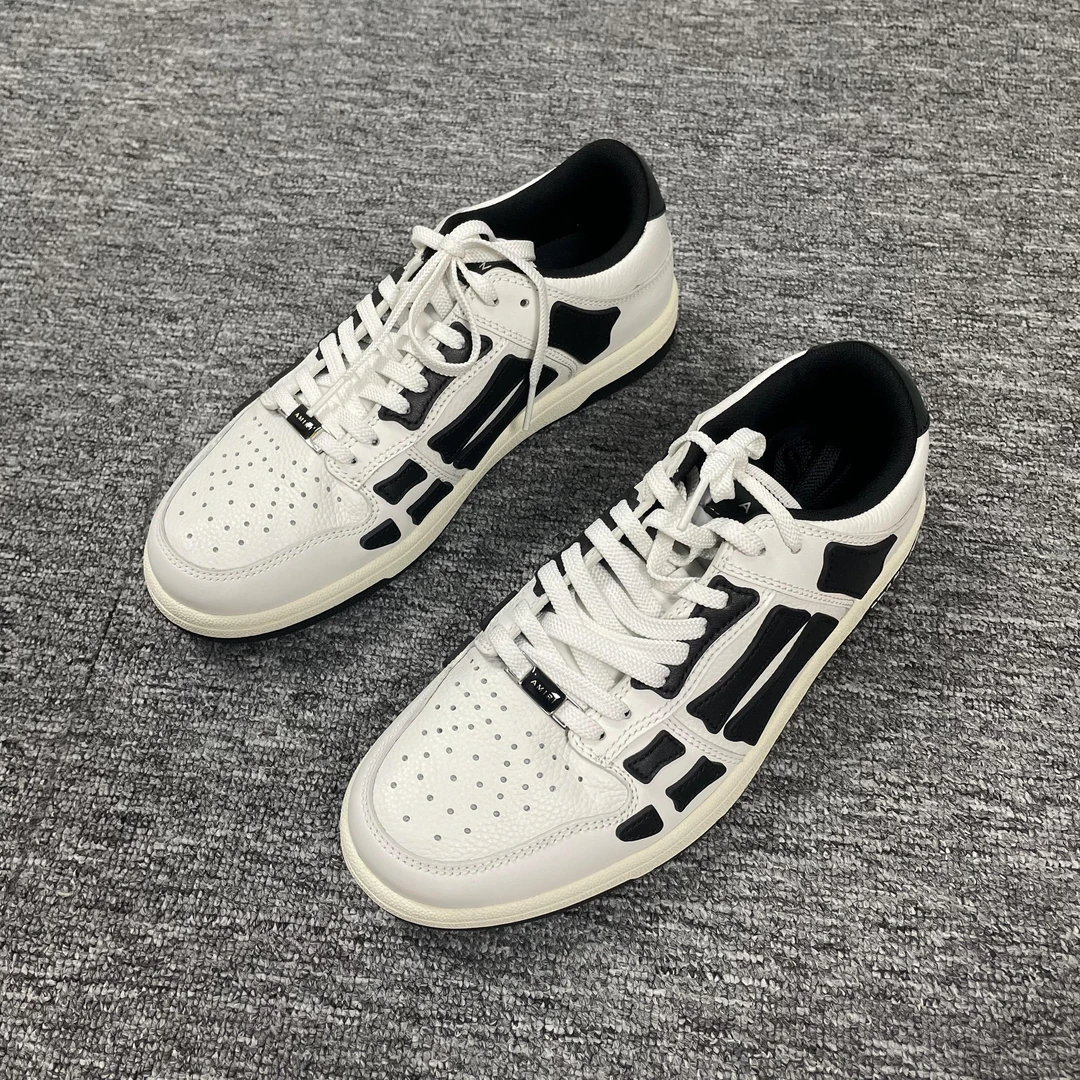 全新未使用  AMIRI Skel-TOP Low皮革低帮系带黑色时尚板鞋骨头鞋