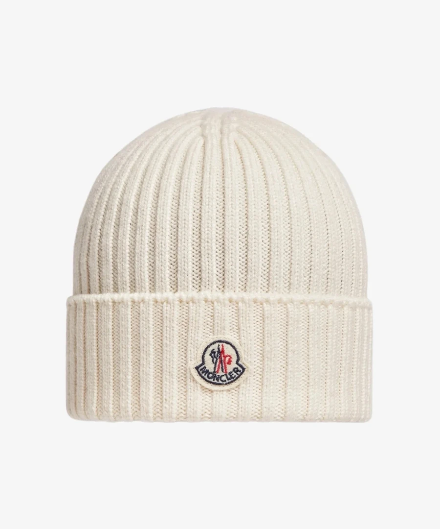 全新未使用 MONCLER 蒙口 奶白色男女同款 羊毛针织冷帽 徽标logo