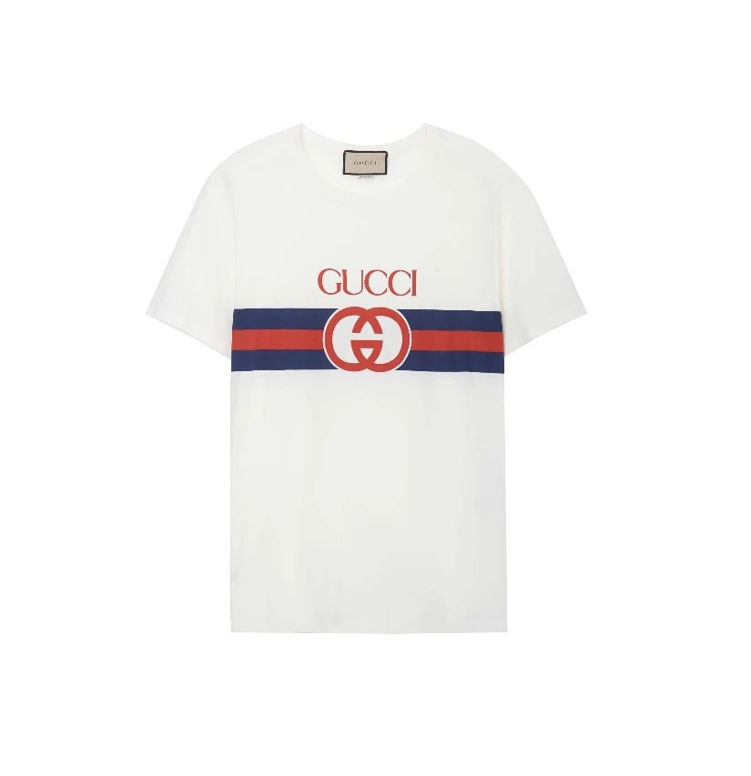 全新未使用 GUCCI/古驰 红蓝撞色条纹字母logo印花 白色圆领短袖t