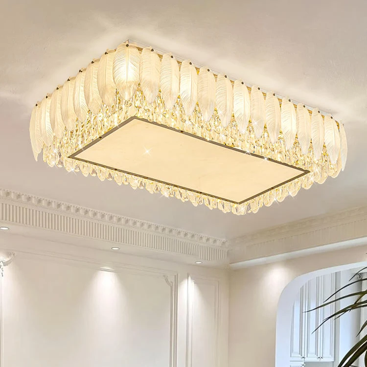 法式客厅灯轻奢水晶吸顶灯简约现代奶油风长方形羽毛玻璃大厅主灯