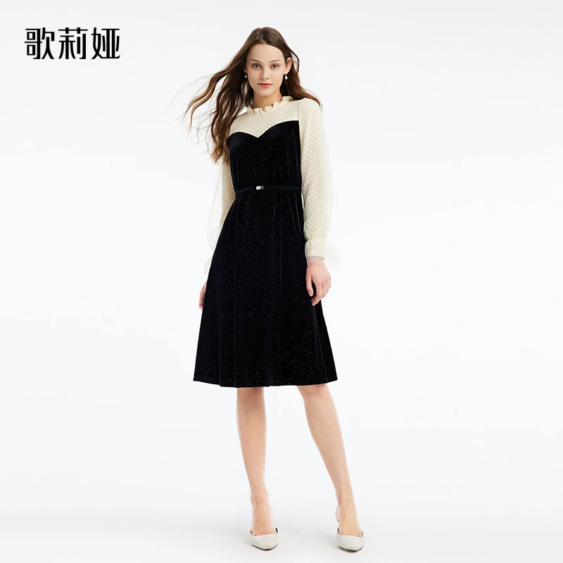 歌莉娅新品浪漫小香风丝绒拼接连衣裙1B1R4K770