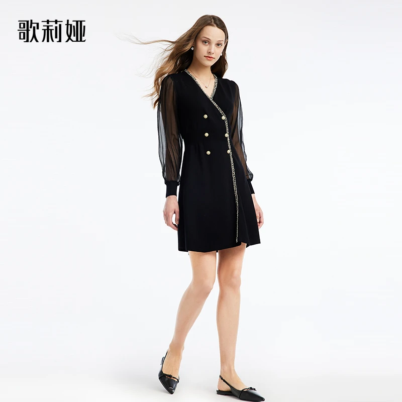 歌莉娅新品暗黑毛织拼接连衣裙千金风气质时尚收腰108C4G1V0