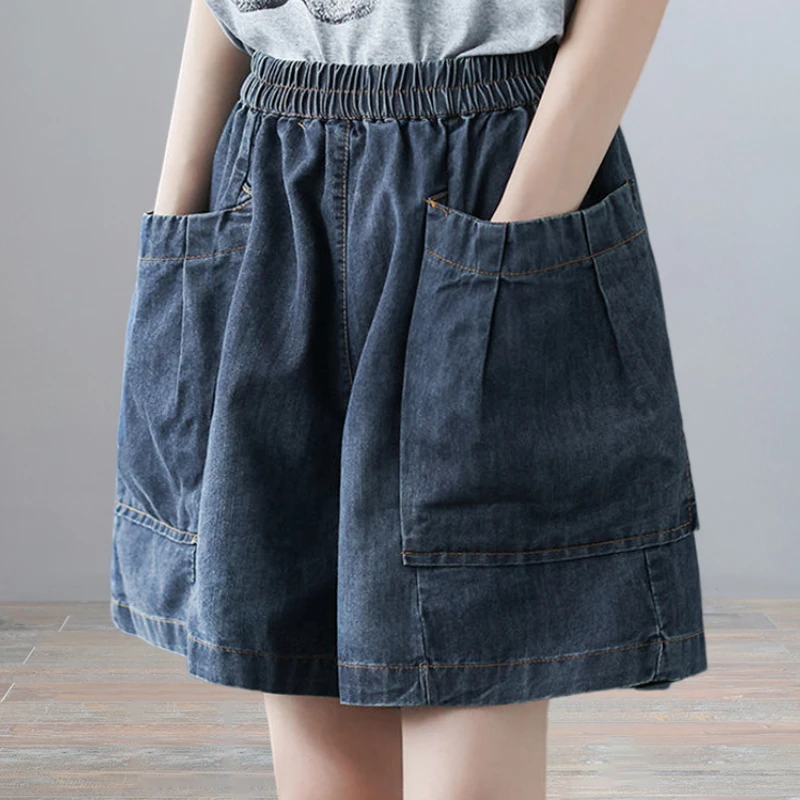 松紧腰宽松阔腿牛仔短裤女夏装薄款2024新款复古大口袋显瘦阔脚裤