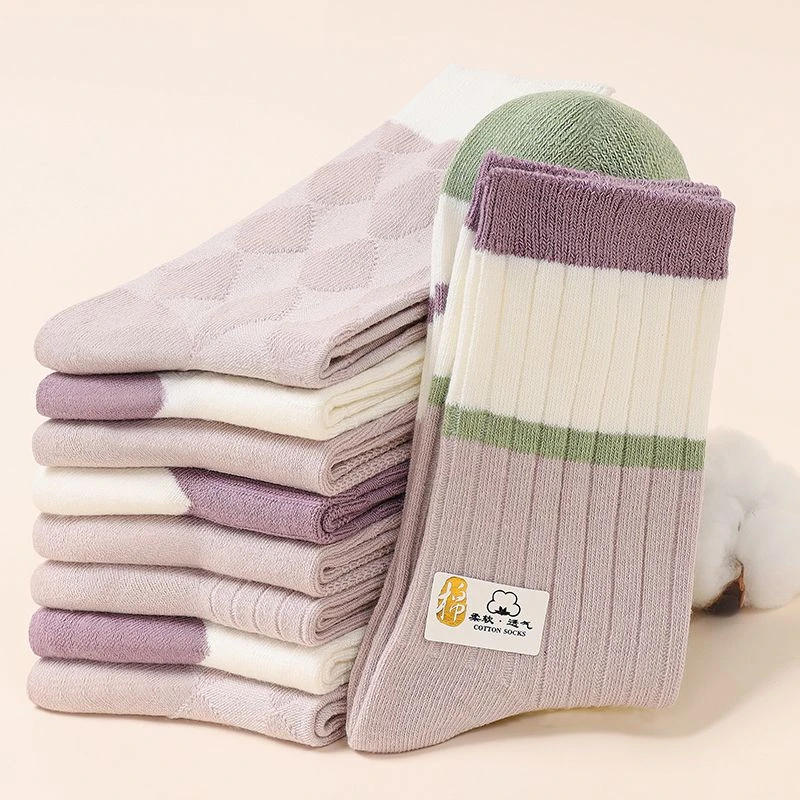 5-10双装外贸纯棉紫色女袜100%全棉长筒袜学生条纹袜防臭长筒袜女
