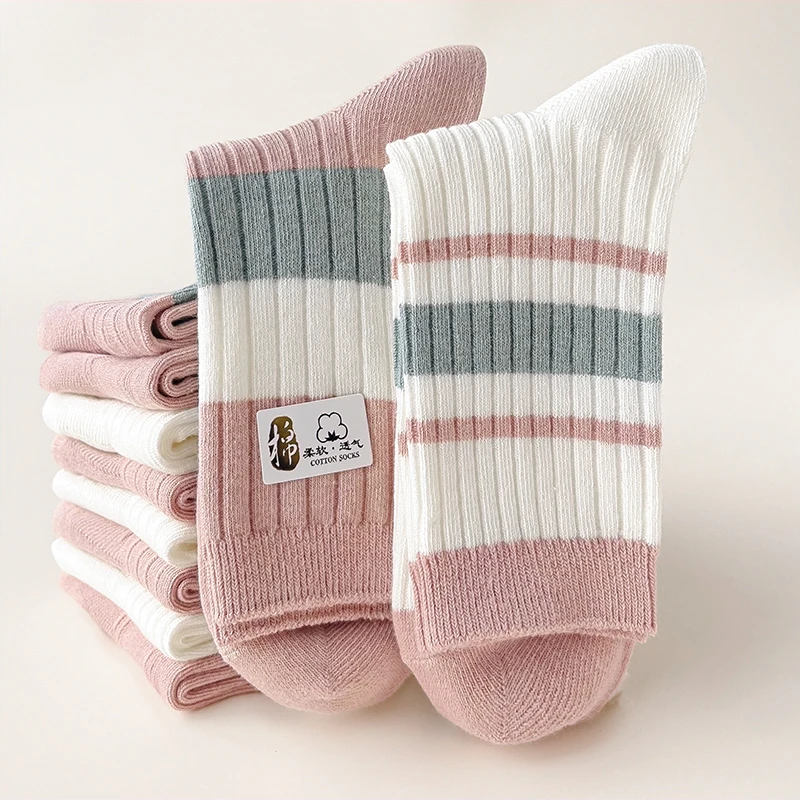 秋冬款袜子女双针100%纯棉条纹粉色系中筒袜新疆棉长筒无骨堆堆袜