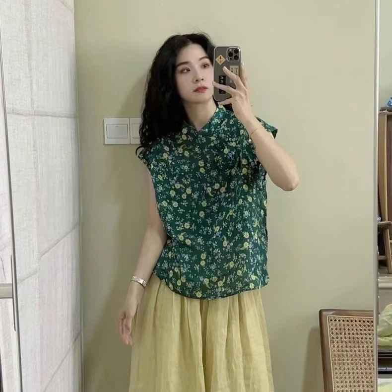 Shu♥Xia 复古炒色印花苎麻衬衫女新中式斜襟盘扣立领衬衣短袖上衣