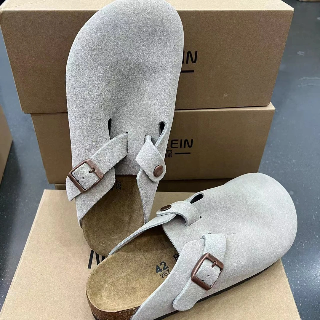 （宽版）男款厚底灰色牛皮外穿半包牛皮户外包头鞋 K-灰