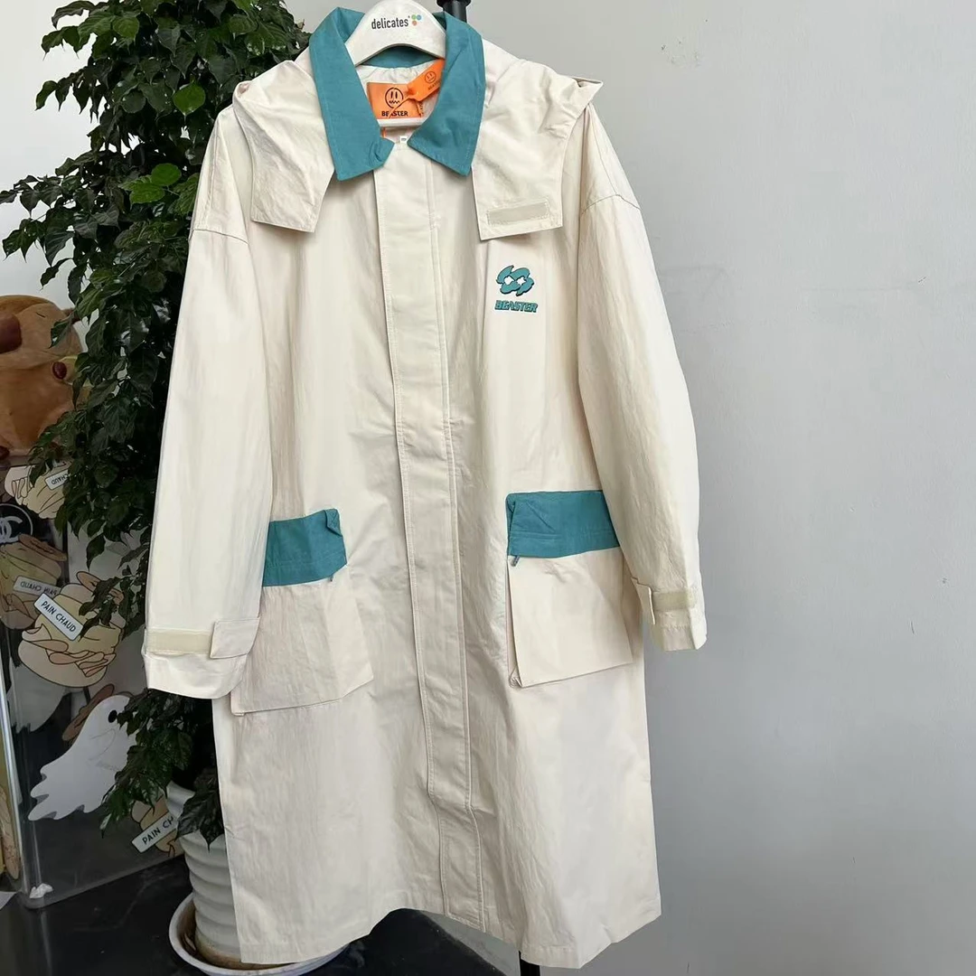 【鬼脸】V-6   24秋冬季新款情侣款工装拼色连帽风衣 3J056