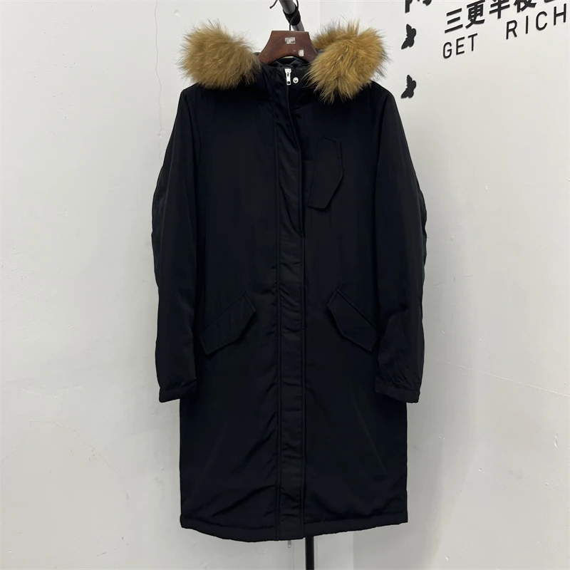 潮牌女士黑色长款休闲连帽长袖棉服 32193