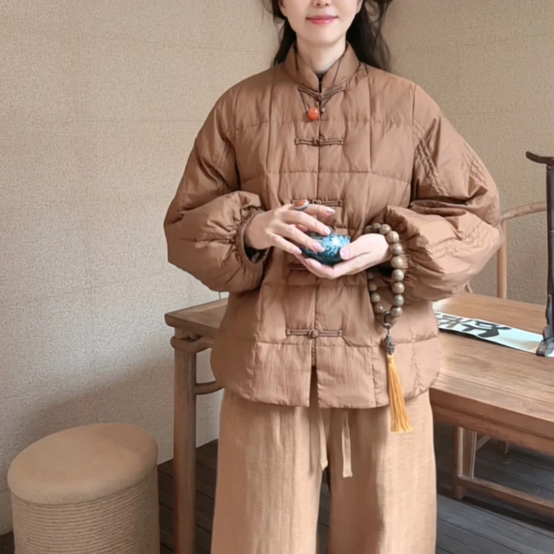 『碟家』简约复古宽松中式百搭显瘦保暖对襟禅服羽绒服1925/A