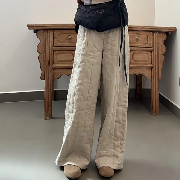 『蝶家』双层夹棉绣花加绒直筒裤显瘦保暖3239阔腿裤新款