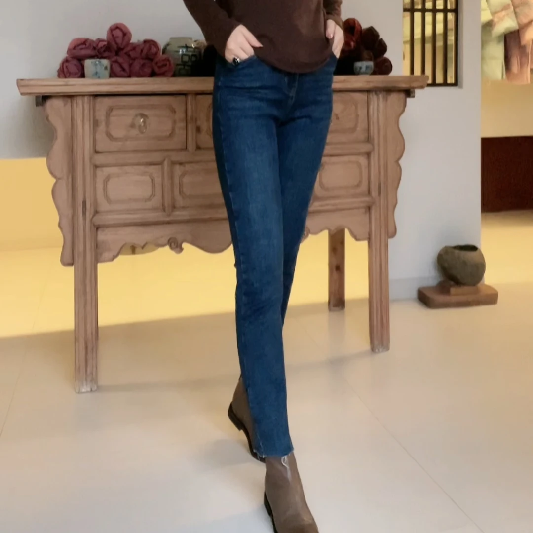 百搭高弹蓝色烟管裤小脚高腰牛仔裤显瘦155