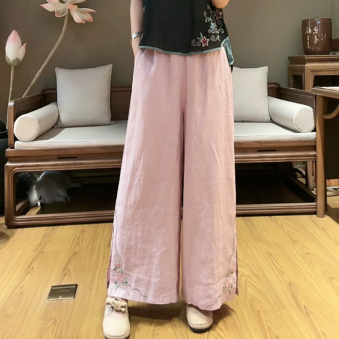 （蝶家）新中式简约百搭绣花开衩亚麻裤9356