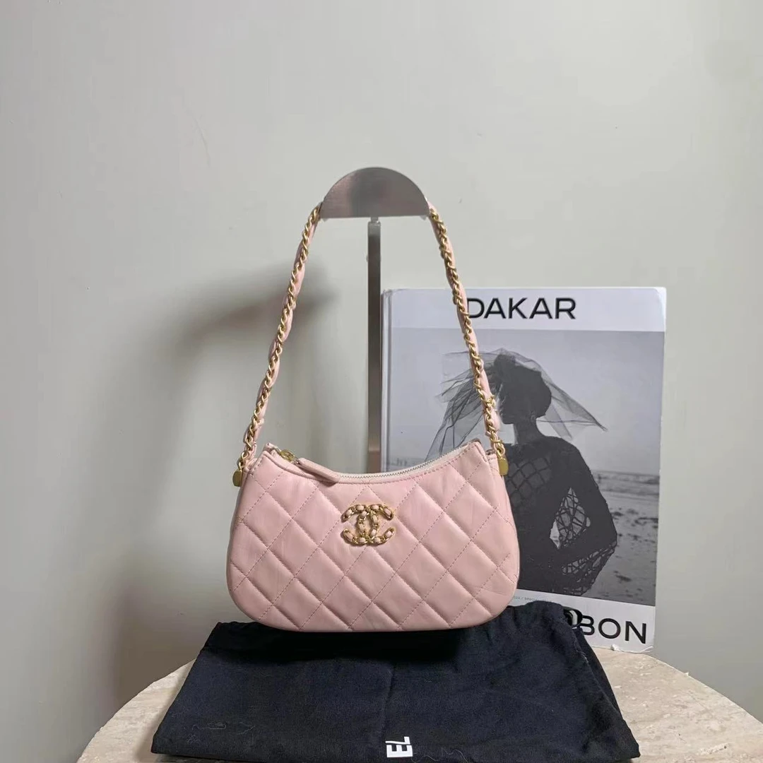 95新 Chanel/香奈儿 壹臻中古/23K樱花粉羊皮19hobo包/67337876