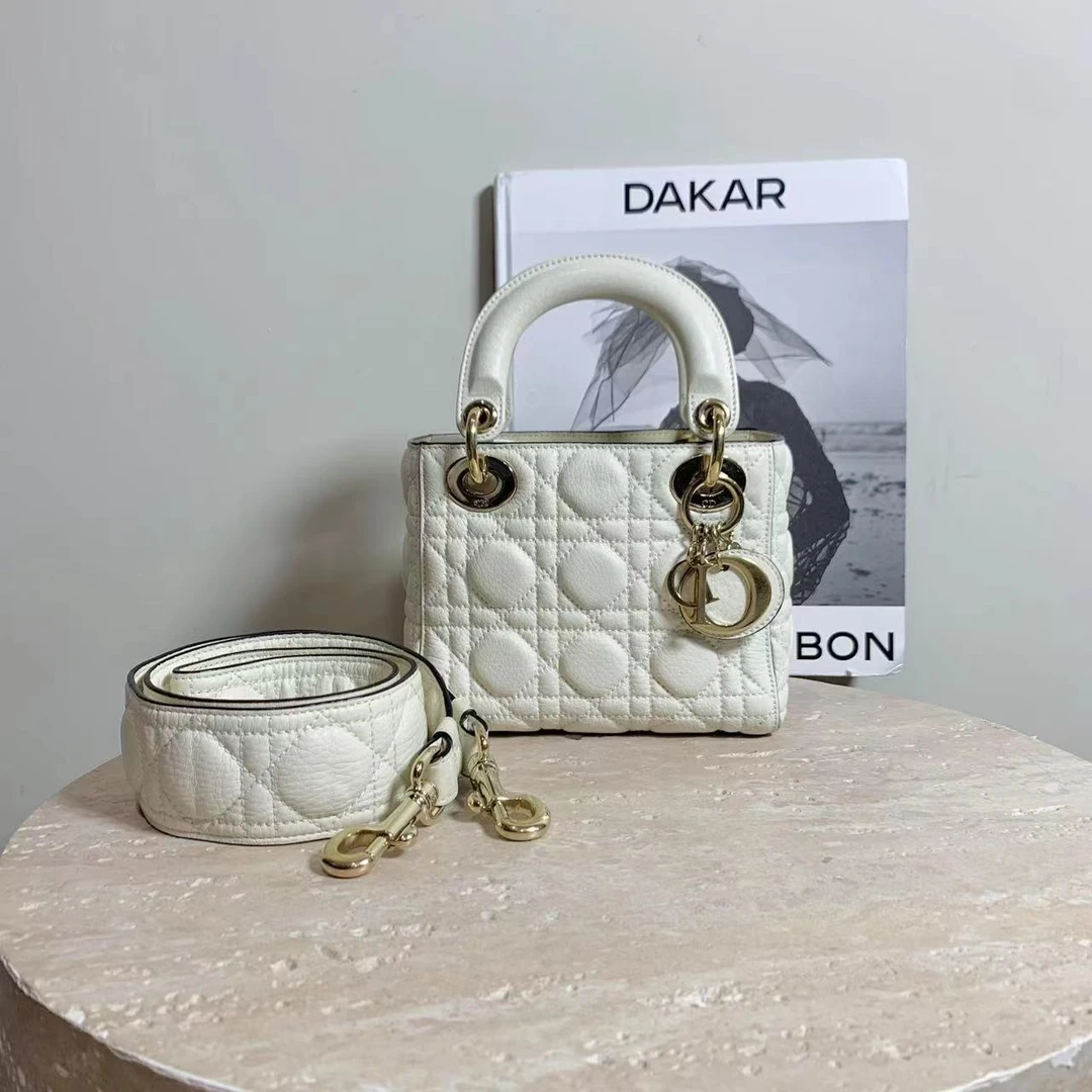 95新 DIOR/迪奥 壹臻/订金白金黑边三格戴妃手提包/ 92602553