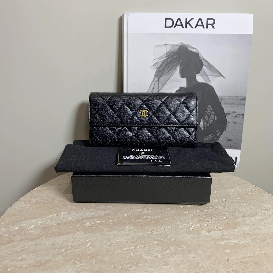 95新 Chanel/香奈儿 壹臻中古/黑金荔枝牛长款钱包 18开 46382317