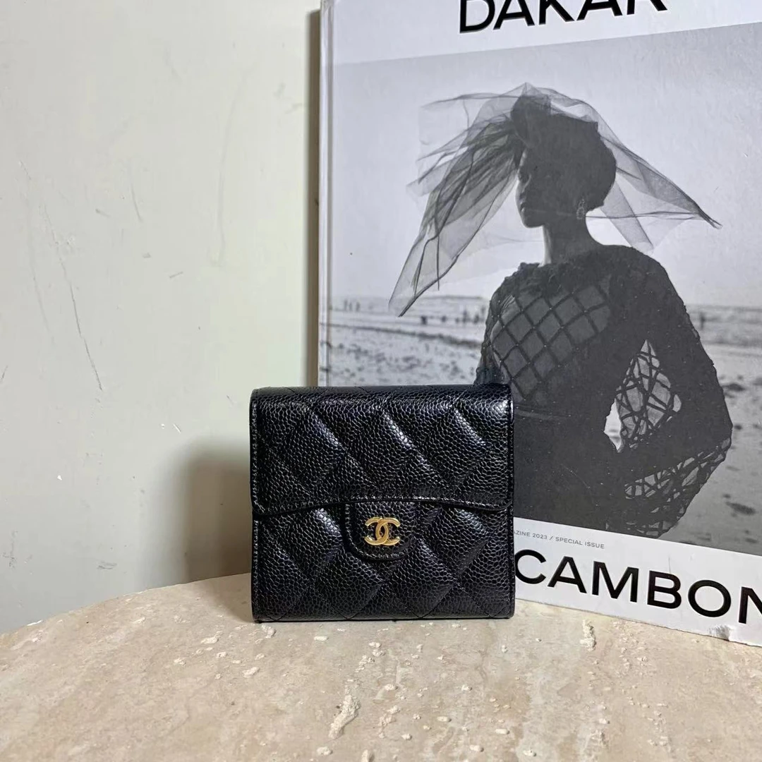 95新 Chanel/香奈儿 壹臻中古/22开 黑金荔枝三折钱包/32505206