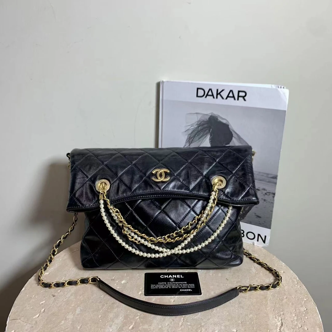 95新 Chanel/香奈儿 壹臻/30开 黑金珍珠链条折叠tote包/18052682