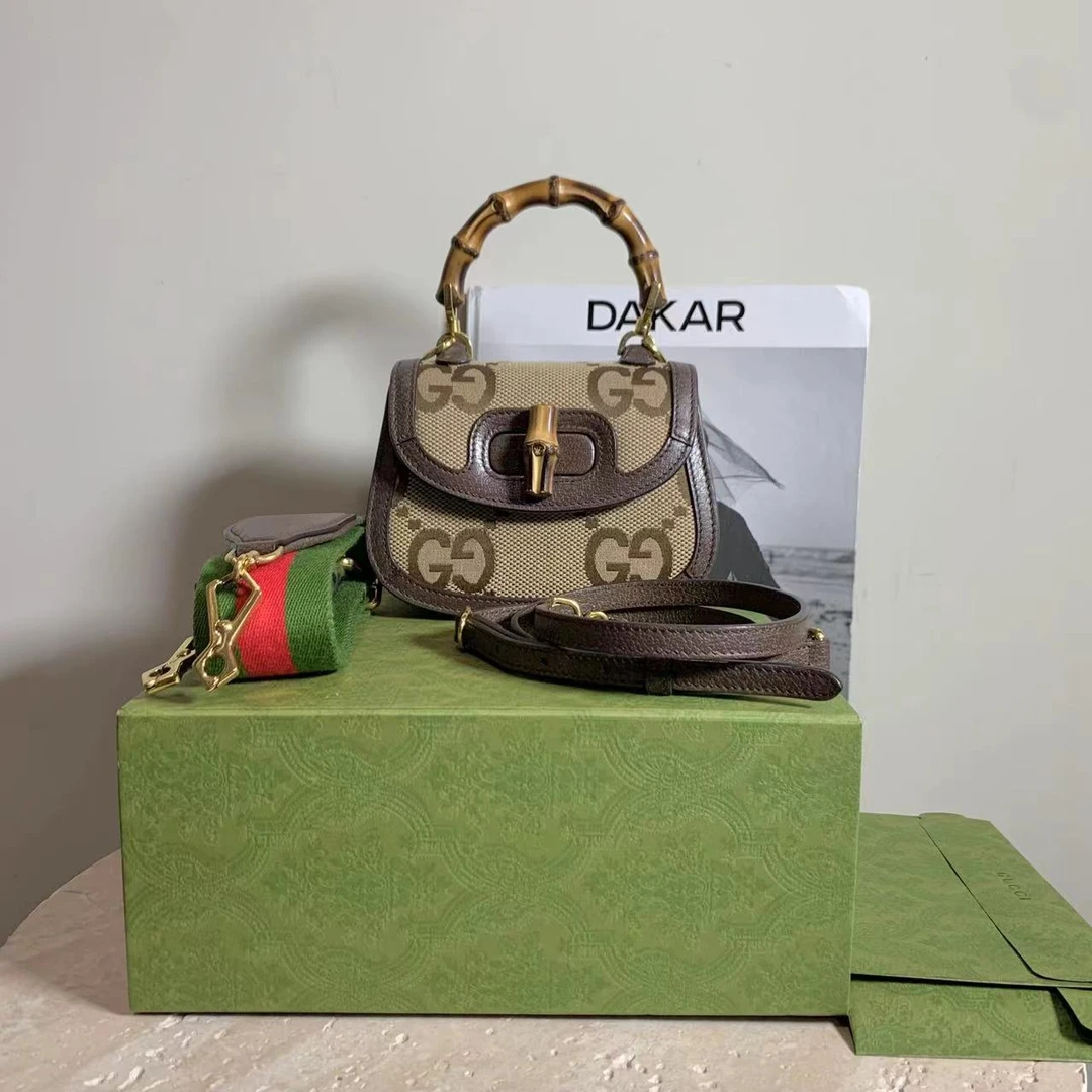95新 GUCCI/古驰 壹臻/帆布拼皮1947mini竹节包/3002187