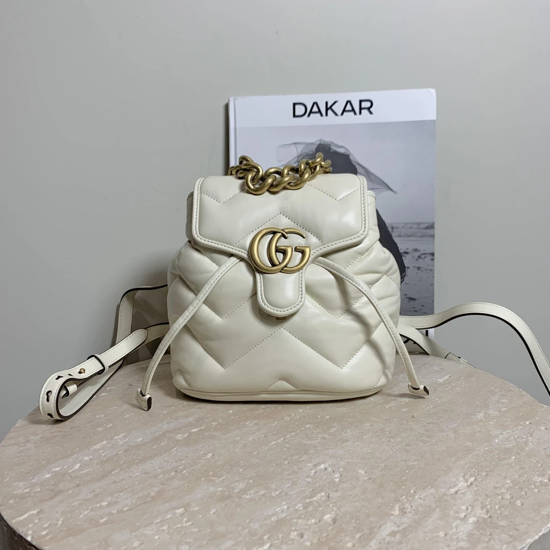 95新 GUCCI/古驰 壹臻中古/白金马蒙外缝线双肩包 /92563178