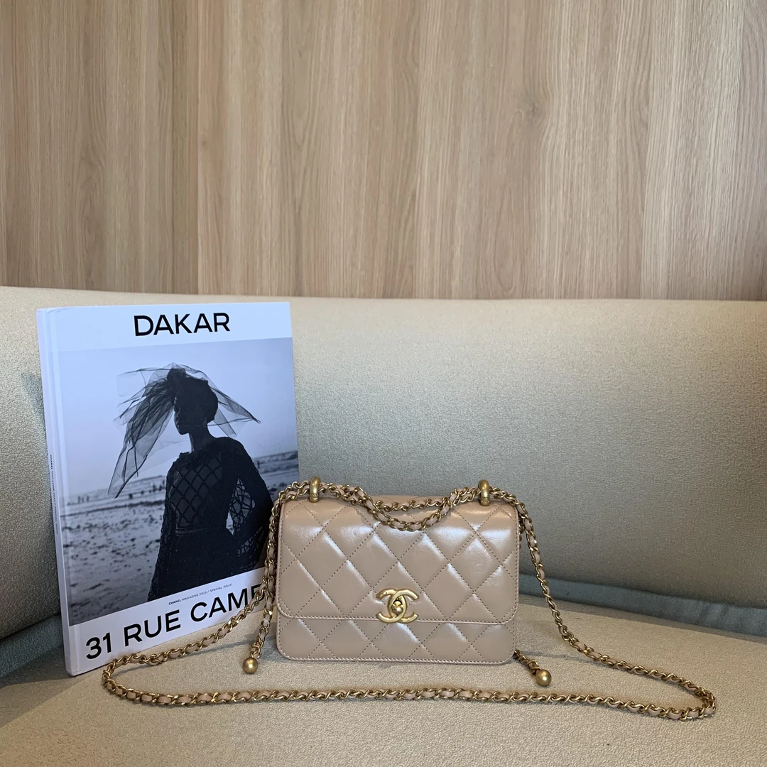 99新 Chanel/香奈儿 壹臻中古/21A奶茶色双金珠口盖包19 76990243