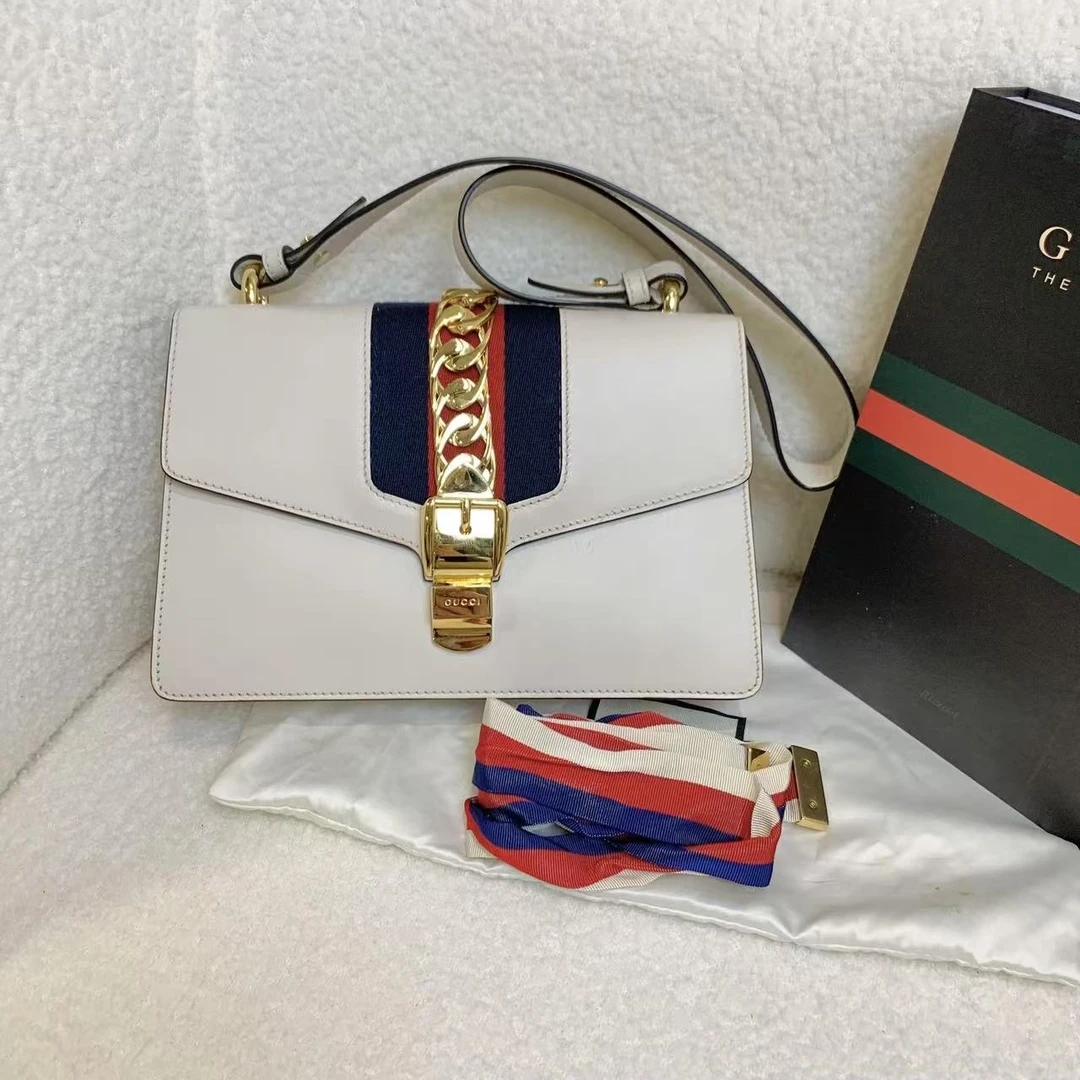 95新 GUCCI/古驰 壹臻/若男专场 白金中号塞尔维亚包/10569221