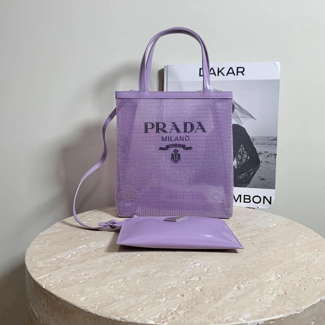 99新 Prada/普拉达 壹臻/紫色亮片网眼子母小号tote/67775842
