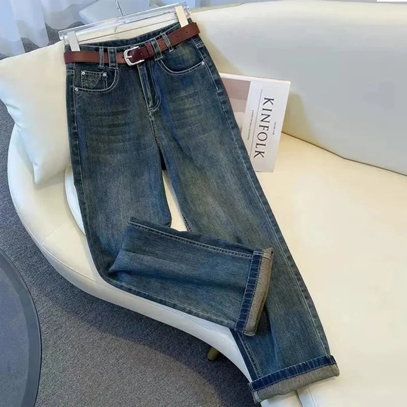 （配腰带）窄版加绒直筒牛仔裤女秋冬季高腰宽松韩版阔腿裤显瘦百搭