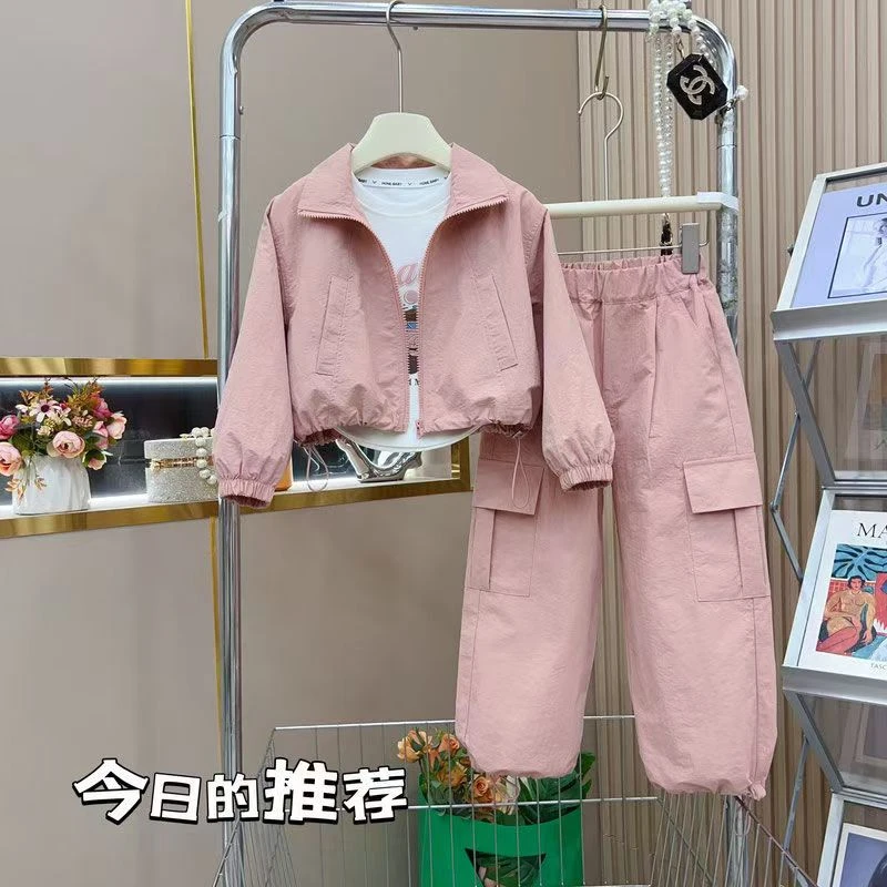 女童韩版套装春秋两件套洋气短款时尚休闲网红粉色宽松中大童秋季