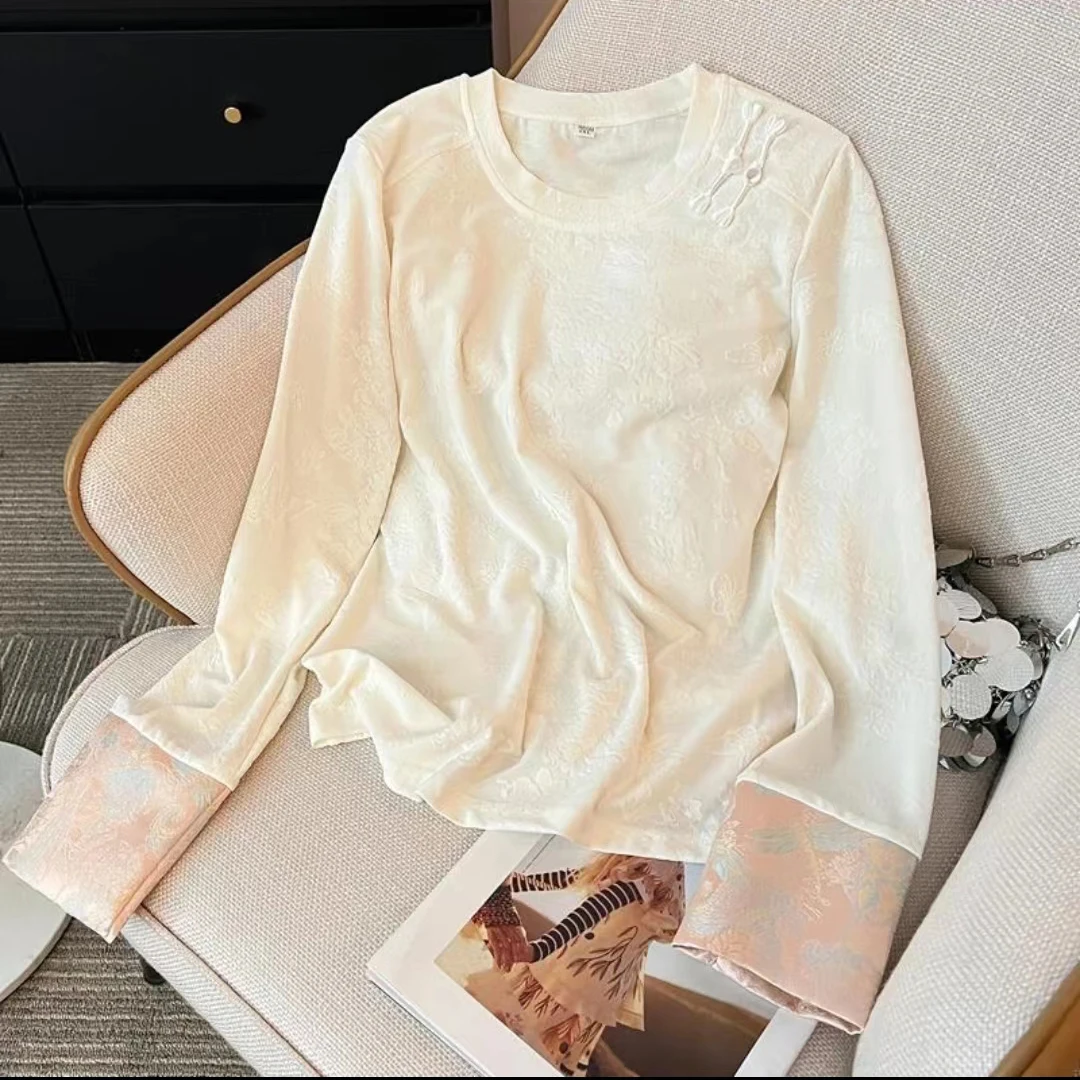 国风春秋提花百搭t恤洋气时尚新中式唐装上衣遮肚子显瘦打底衫女