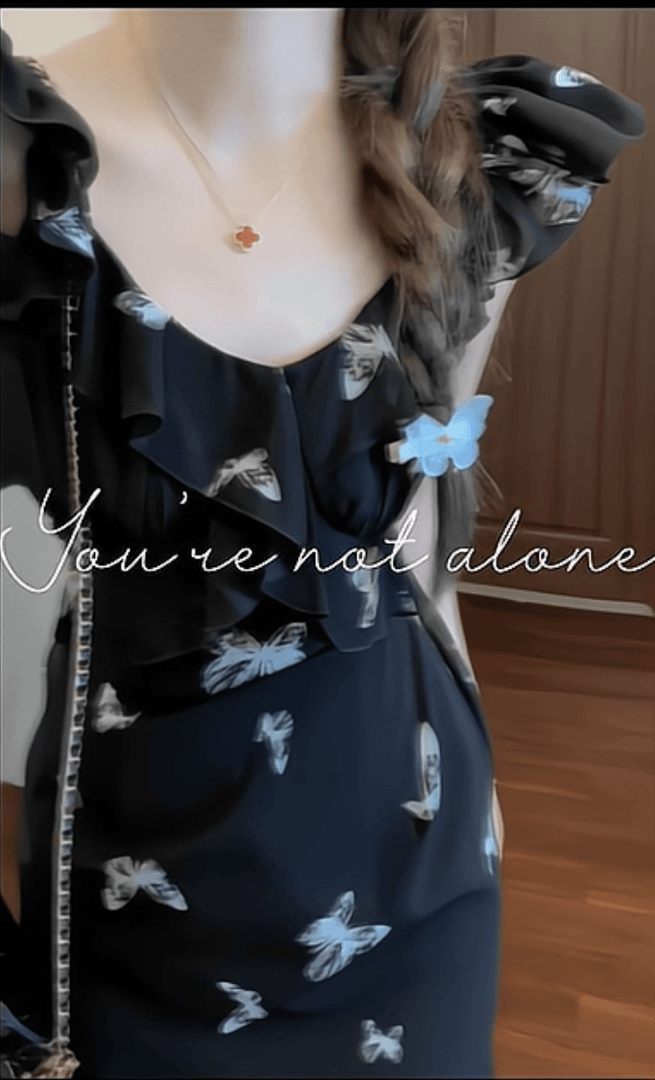 飞飞袖蝴蝶印花鱼尾裙黑色设计感收腰中长款小个子无袖连衣裙夏季