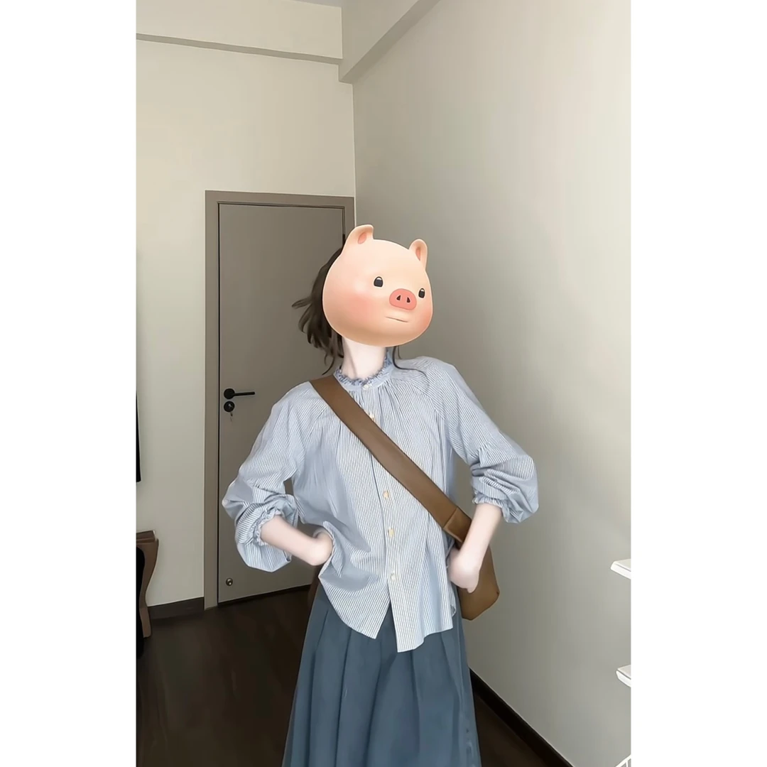 “miu”系蓝色格子 立领荷叶边压褶长袖衬衫上衣高腰百褶裙通勤套装