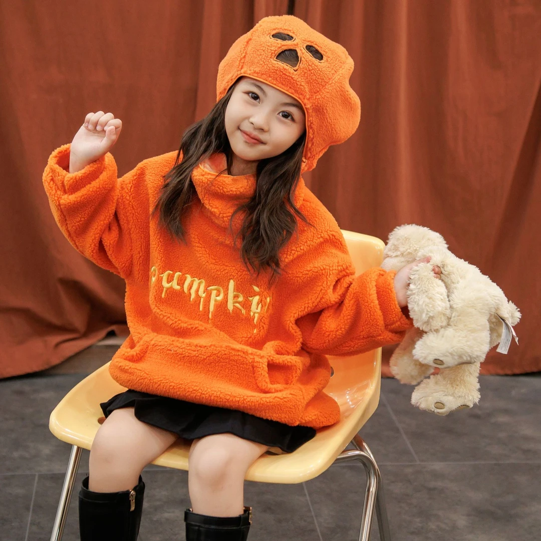 (浮力）女童加绒外套南瓜搞怪服儿童卫衣连帽加厚上衣中大童毛毛衣