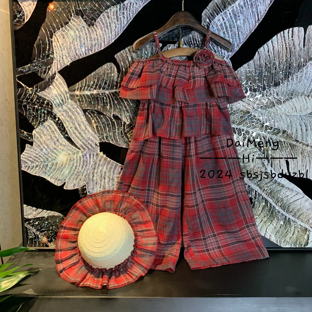 女童夏季吊带套装2024新款时尚高端休闲百搭宽松格纹女孩吊带套装