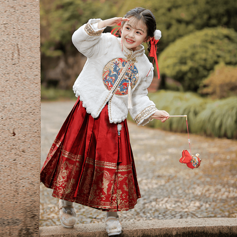 2023冬季夹棉中国风毛毛衣马面裙儿童女童宝宝拜年服古风明制秋冬
