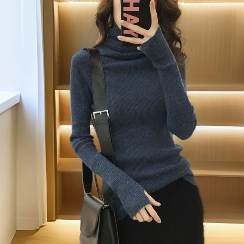 外穿高领毛衣女套头长袖秋冬季新款百搭堆堆领修身加厚打底针织衫