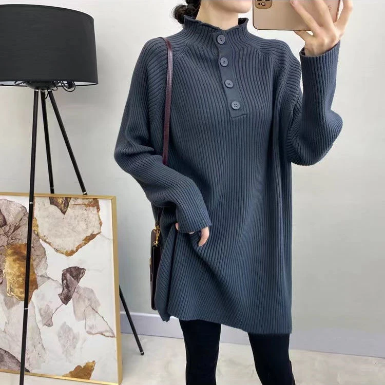 秋冬胖mm毛衣新款半高领宽松外穿显瘦慵懒风内搭加厚中长款针织衫