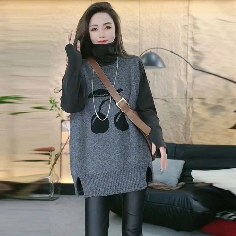 春秋法式时尚休闲中长款大码宽松女提花圆领针织马甲百搭洋气