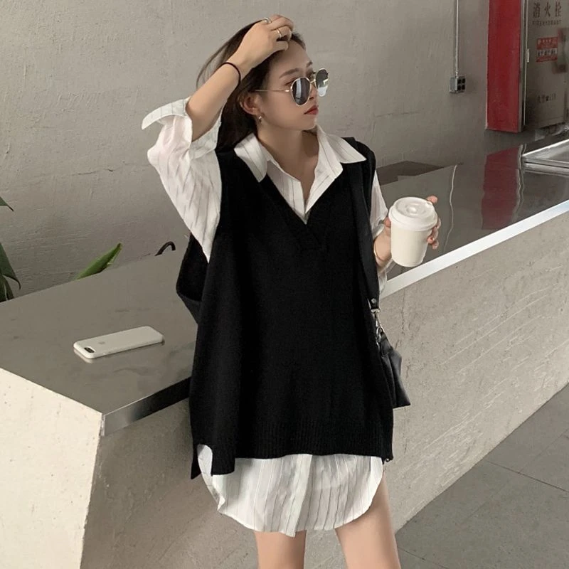 春秋新款韩版学院风马甲V领毛衣女港味宽松无袖背心叠穿针织外搭