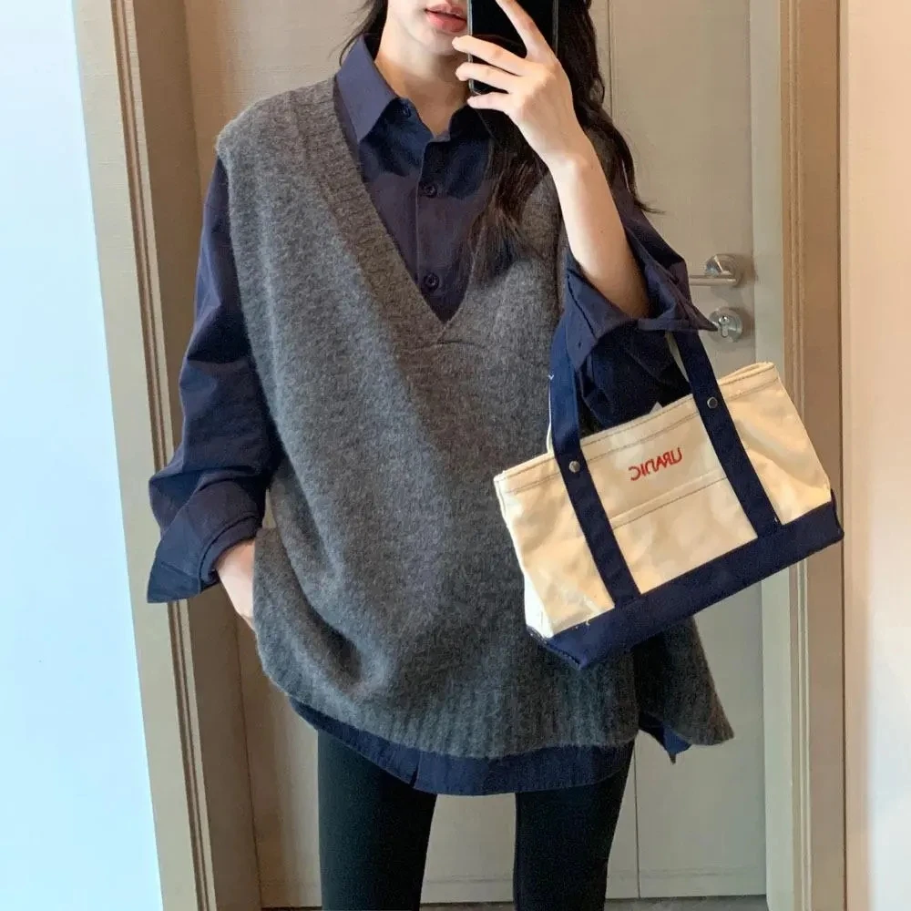 大码针织马甲女秋冬外穿胖MM韩版宽松V领中长款毛衣背心毛线坎肩